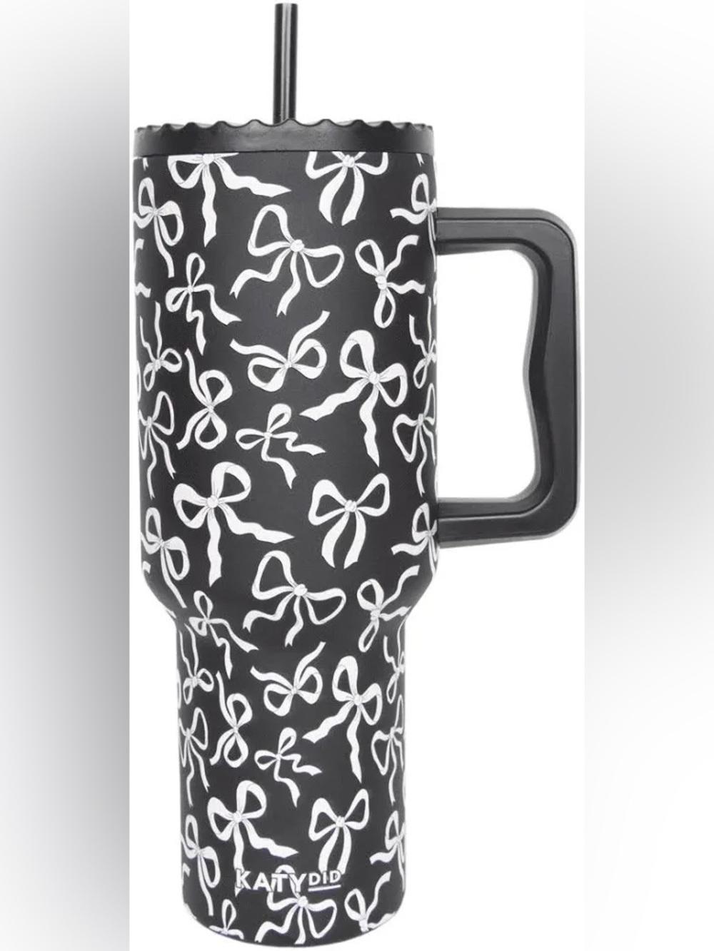 KATYDID Black Tumbler with White Bow Pattern and Handle NEW in box - Picture 2 of 3